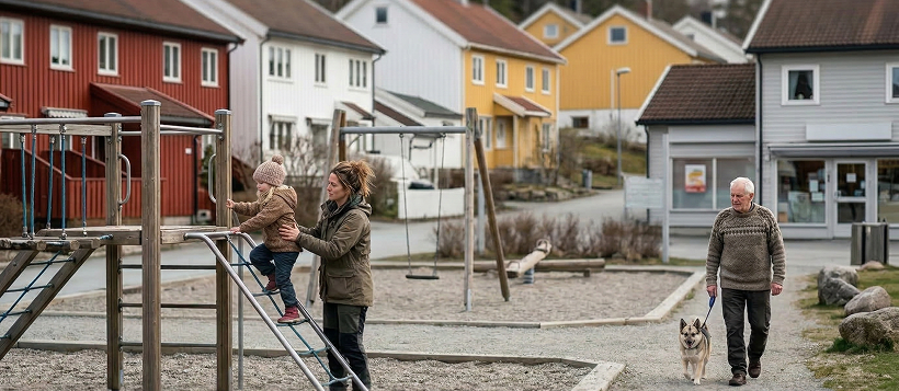 Bilde en mor og datter i en lekepark midt i et byggefelt. Man ser også en eldre mann som lufter hunden sin.