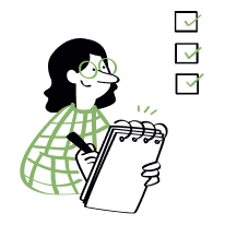 Illustrasjon av en person som noterer på et ark med en sjekkliste, symboliserer redusert tidsbruk og effektivitet i folkehelsearbeidet.